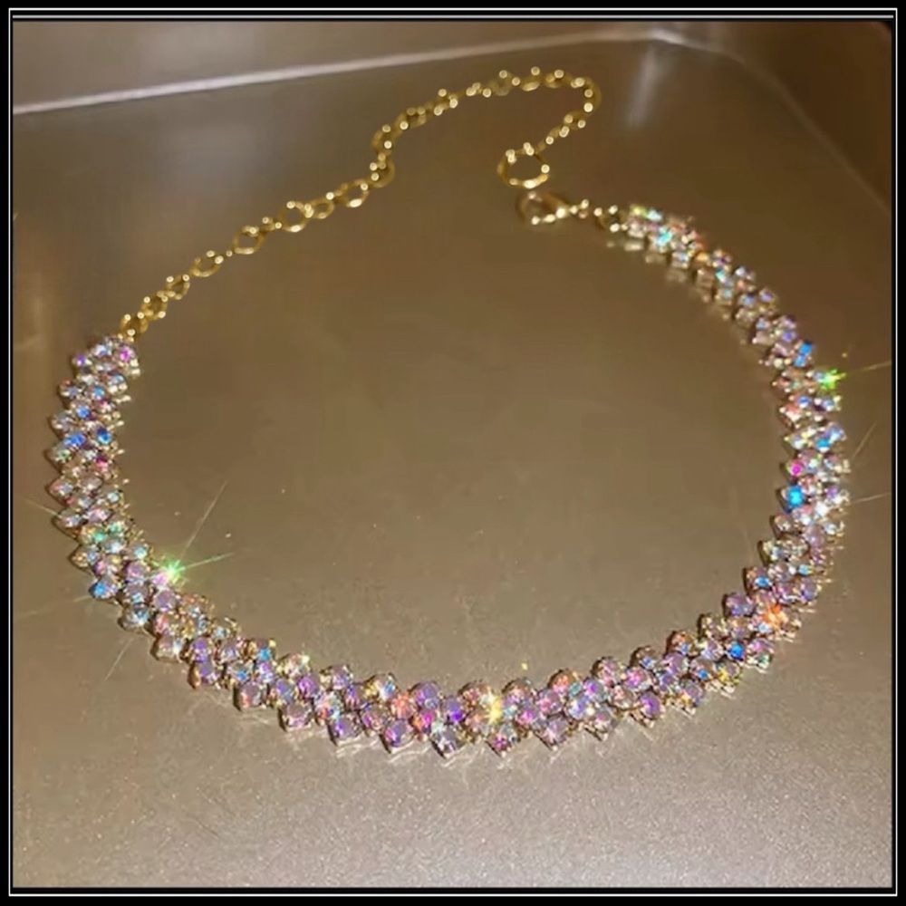 NEW GOLD BOREALIS RAINBOW CRYSTAL PRISM CHOKER NECKLACE